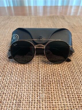Ray-Ban Round Double Bridge Black with Gold Frames Sunglasses with Case.